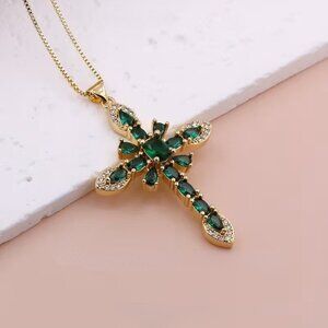 Green & Gold Crystal Cross Pendant Necklace Christian Faith Jewelry Women Gift